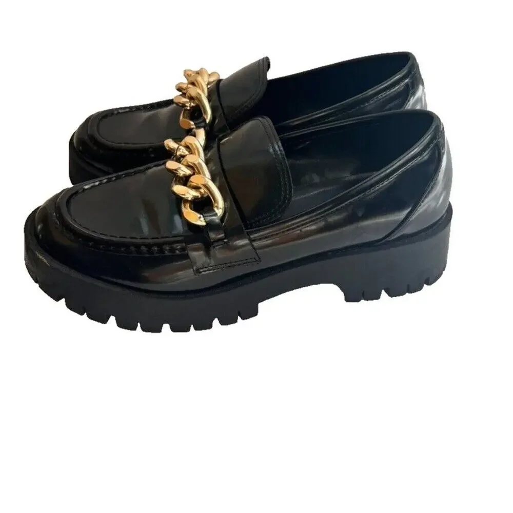 Guess Shoes Loafers Womens 8M Black Gold Tone Chain Lug Sole Chunky Platform
